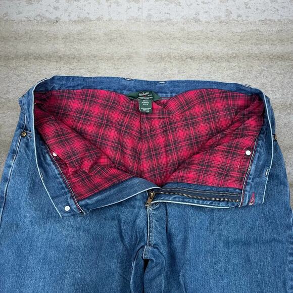 Woolrich Flannel Lined Jeans Medium Wash Work Wear Denim Relaxed Leather Logo - Picture 5 of 5